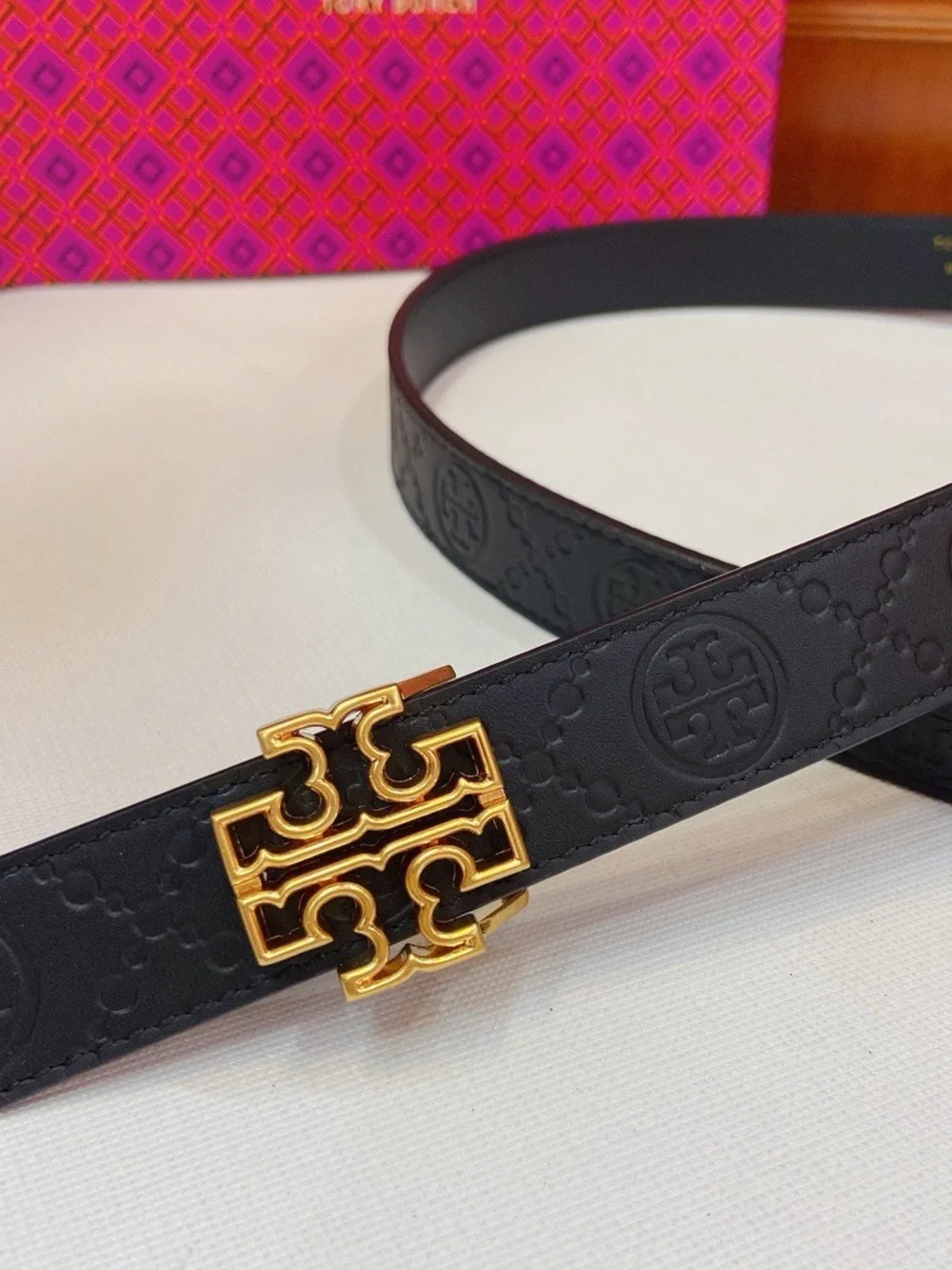 Tory Burch Navy Leather Belt with Gold Logo